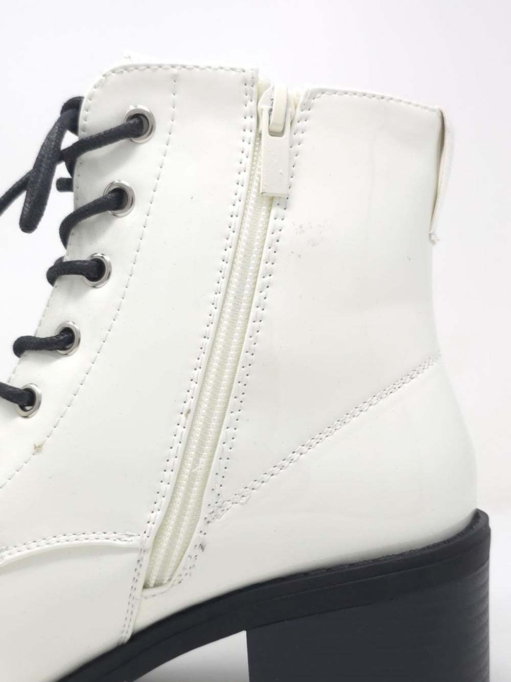 Combat Boots Chunky Heel Lace Up Side Zipper Faux Leather White Pat Ankle Boot - Picture 7 of 12